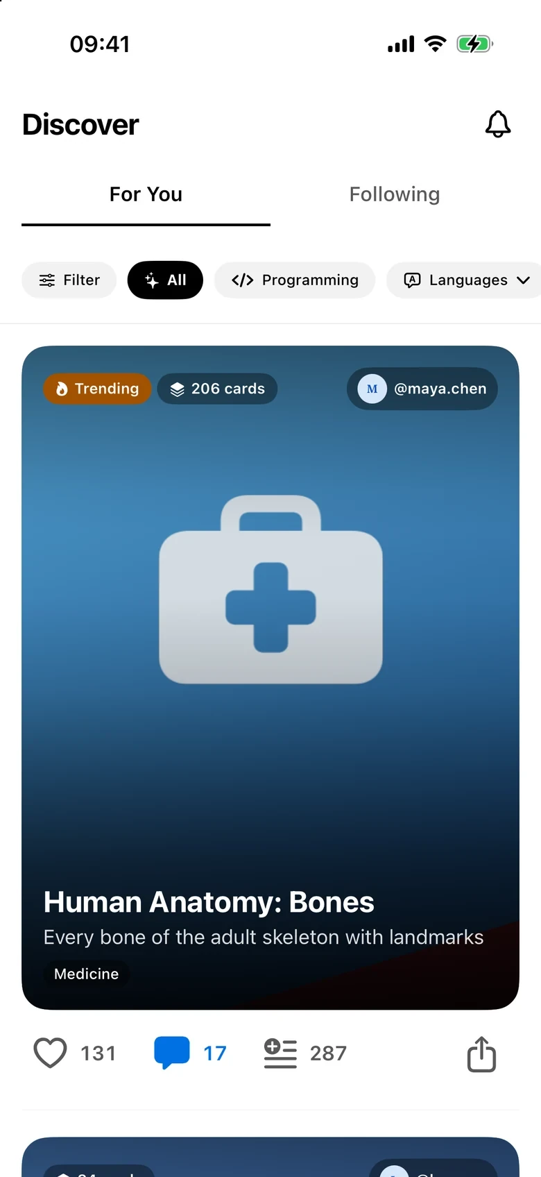 The Syncogia Discover feed with For You and Following tabs, topic filters, and a trending anatomy deck.